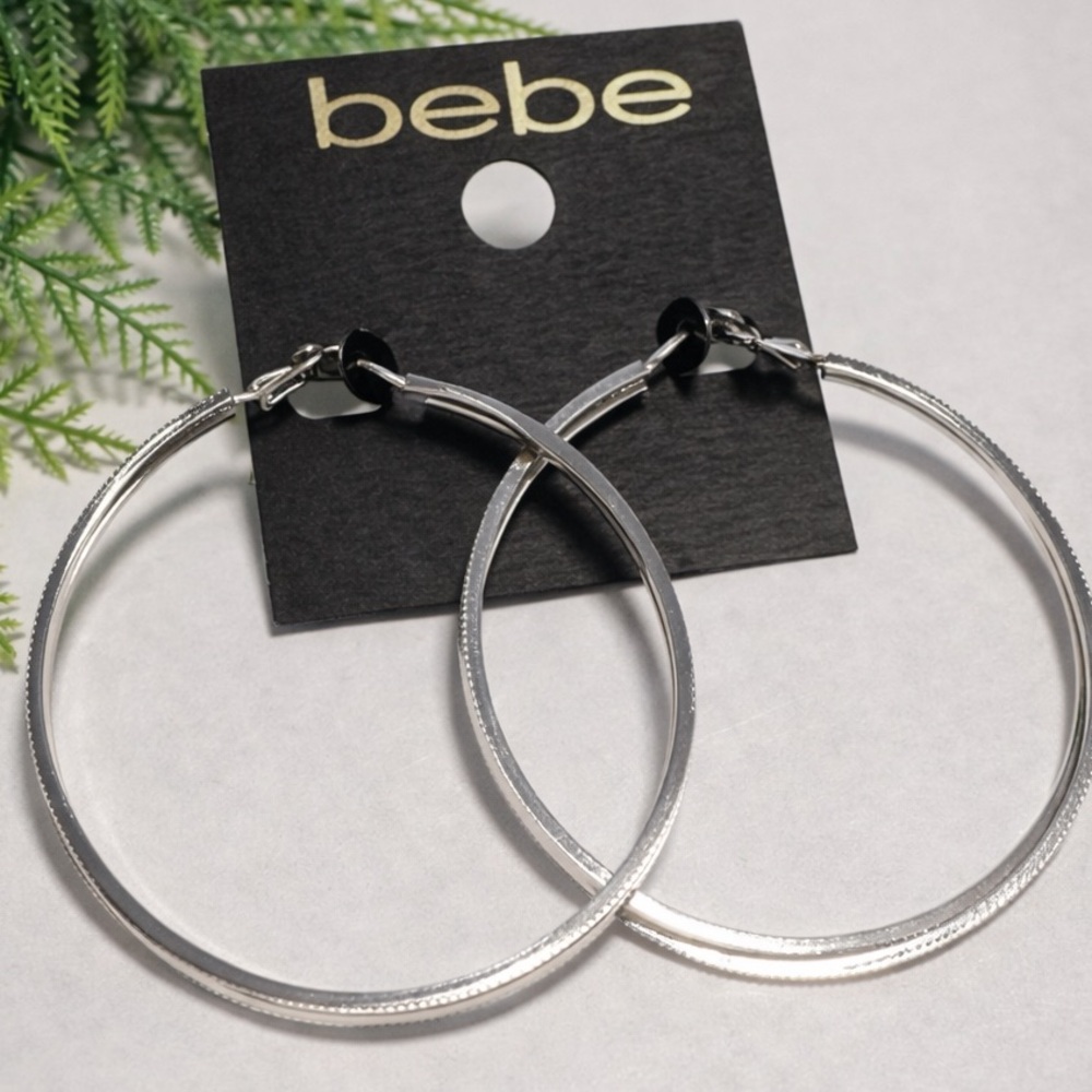 bebe Silver Textured Hoop Earrings (BR555)